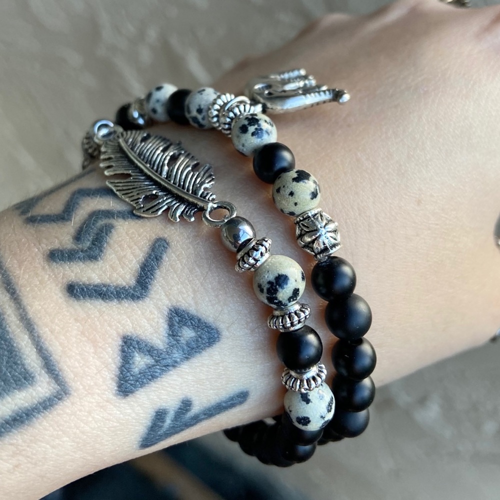 Onyx & jasper elephant leaf feather set bracelets - Picture 11 of 13